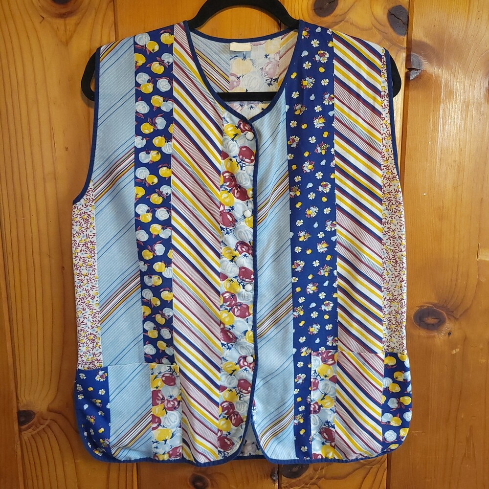 Vintage 70s Patchwork Sleeveless Button Front Blouse with Floral Stripe Prints